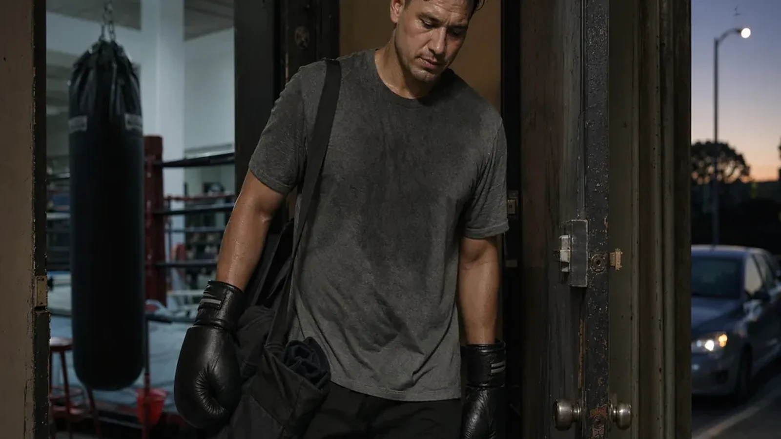 Adult boxer leaving a gym after training with gloves and a work bag