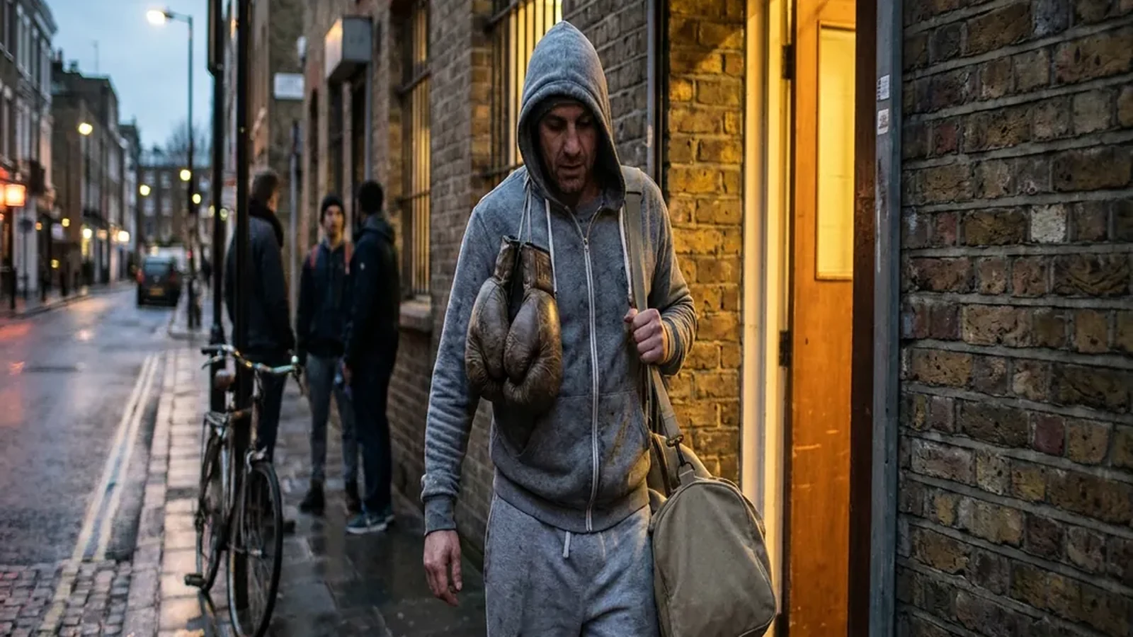 Adult boxer leaving a gym after training with gloves and a work bag