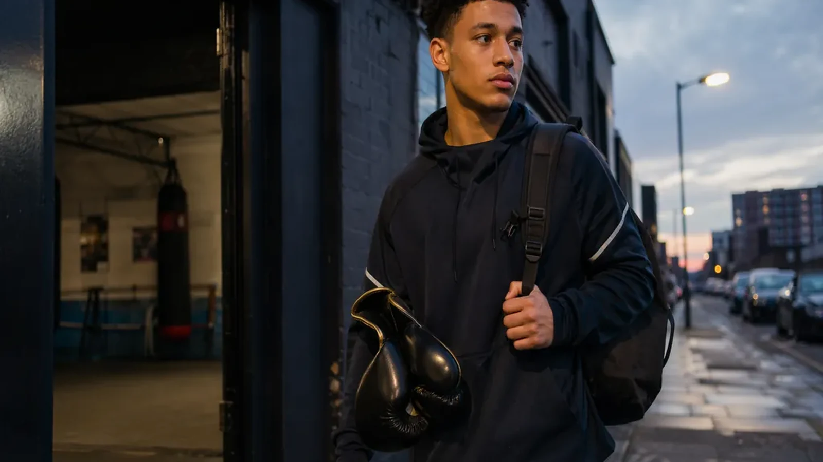 Student leaving a boxing gym at dusk with gloves and a backpack after training