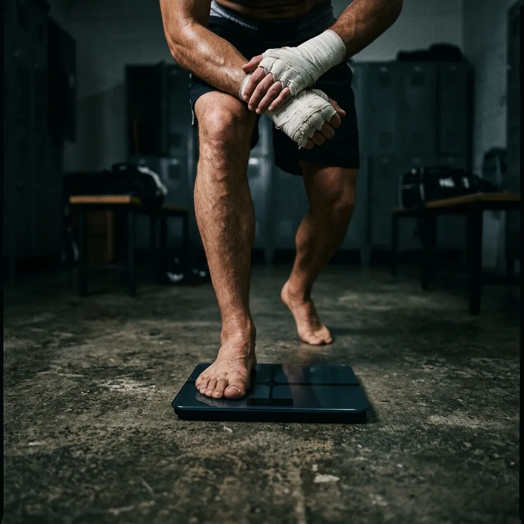 Boxer stepping onto a smart scale in a gym changing room