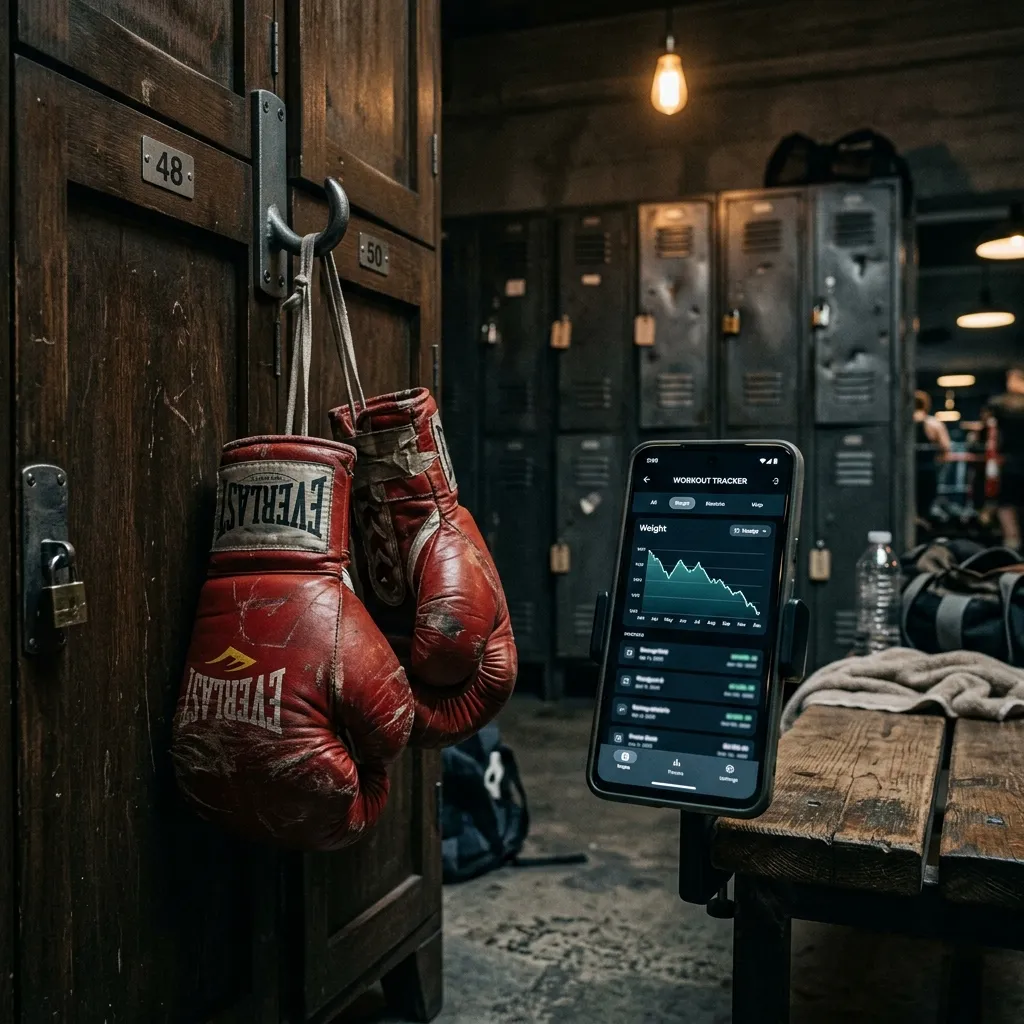Boxing gloves hanging next to a smartphone showing a fitness tracking app