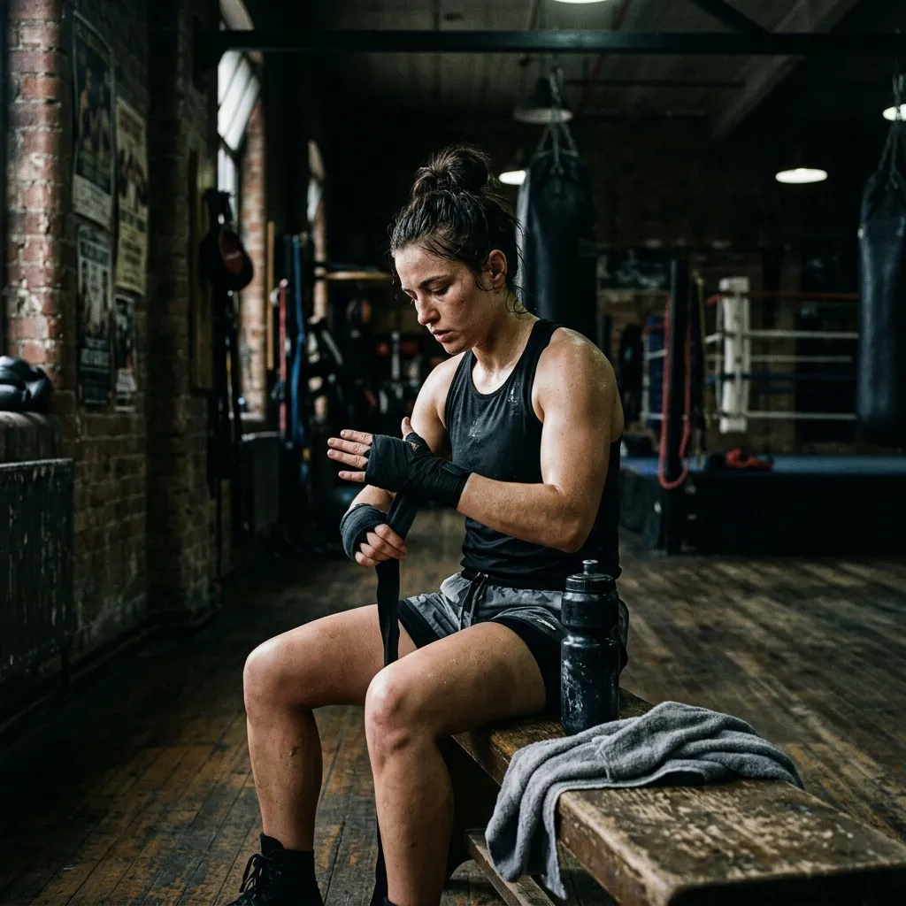 Boxer preparing for training, wrapping hands on a gym bench
