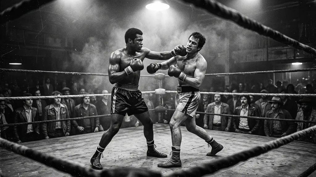 Vintage boxing match in small venue, 1970s cinematic style