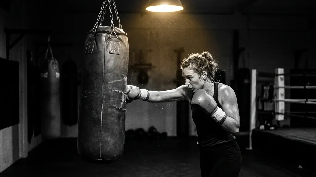 Boxer training on heavy bag under dramatic gym lighting