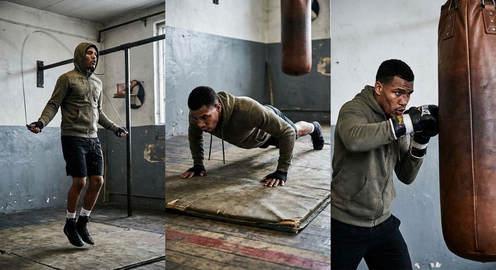Boxer doing intense conditioning circuit - skipping rope, press-ups, heavy bag w
