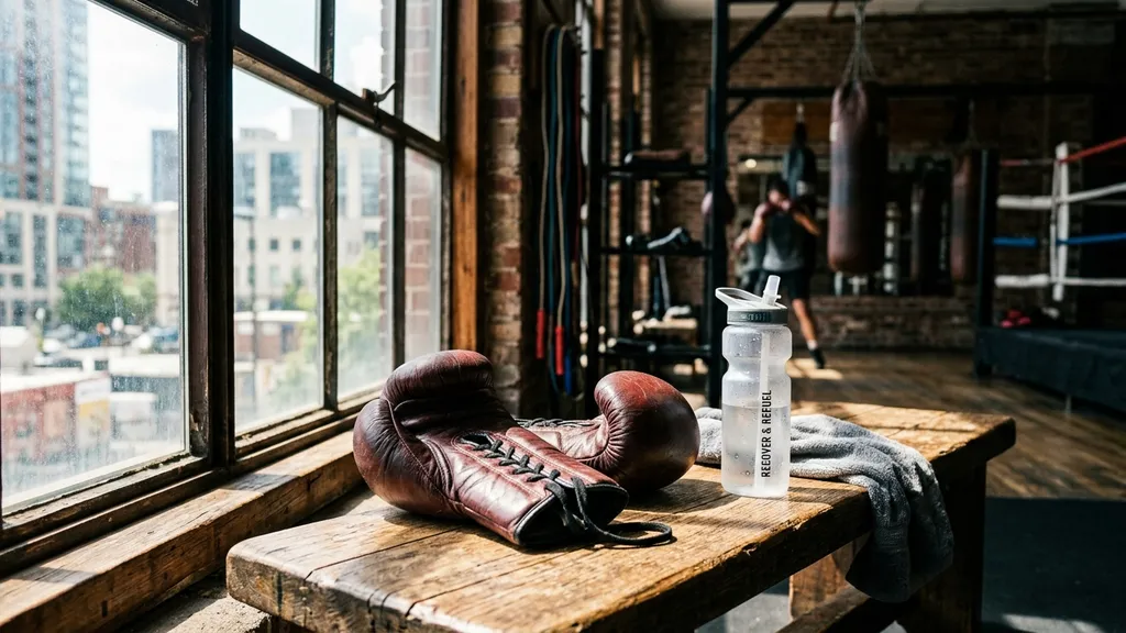 Boxing gloves ready on a gym bench, morning light, return to training
