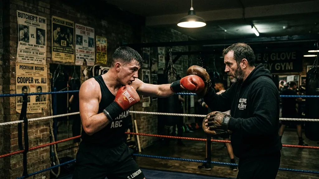 Boxer doing pad work in a dark boxing gym, return to training intensity