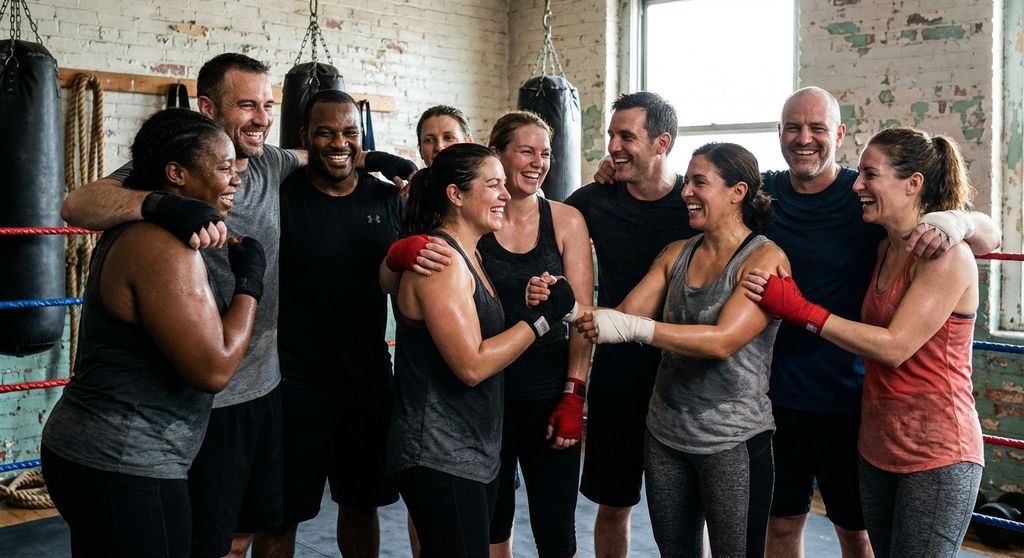 Diverse group of adult boxers together after training, genuine community warmth
