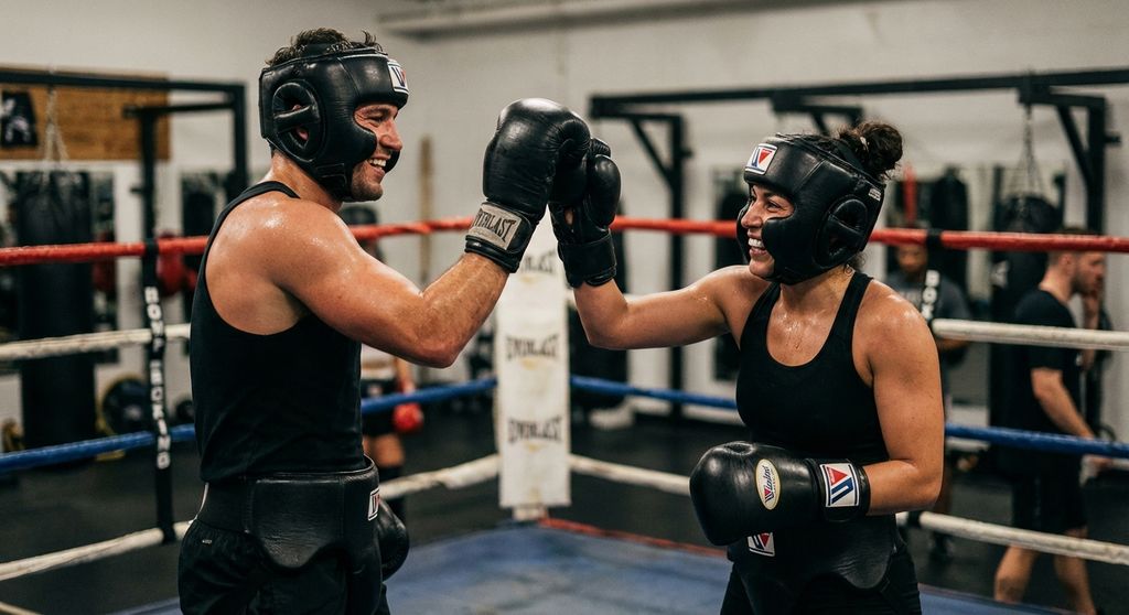 Two boxing partners high-fiving after sparring, genuine camaraderie
