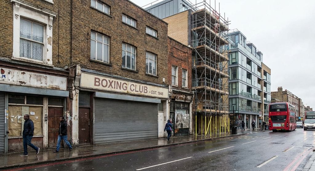 Old community boxing gym exterior on a changing London street, documentary style