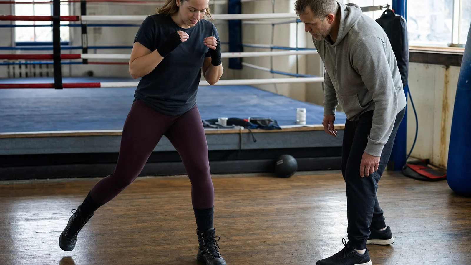 Boxer practising slow controlled step-and-slide footwork while a coach watches ankle balance