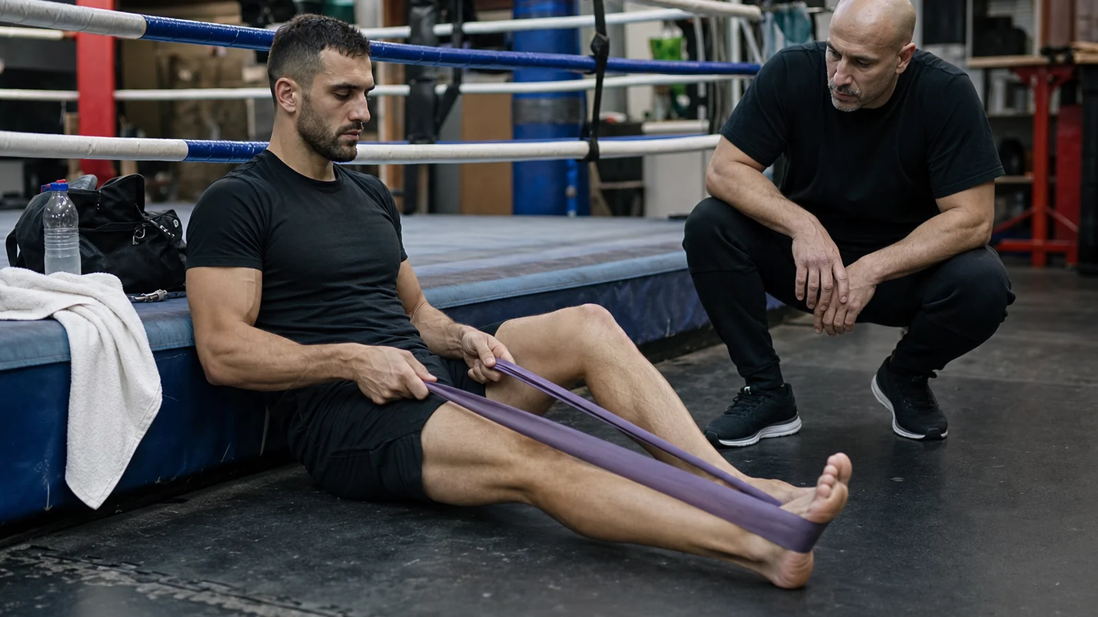 Boxer doing gentle calf and ankle mobility work beside a boxing ring under coach supervision