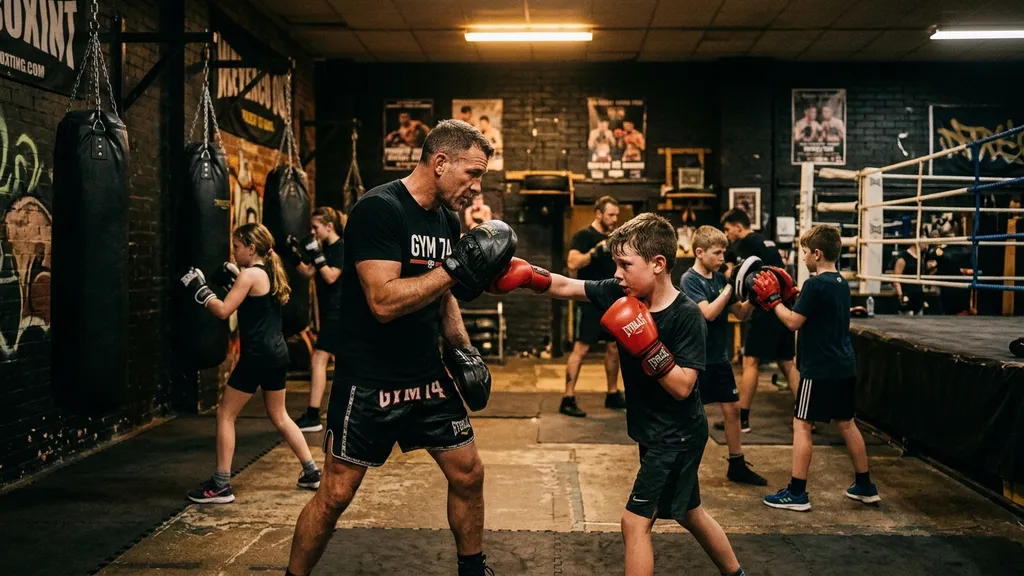 Junior boxing class, children learning focus and discipline in structured session