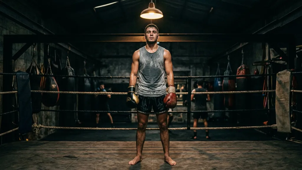 Young boxer at end of training session, composed and focused