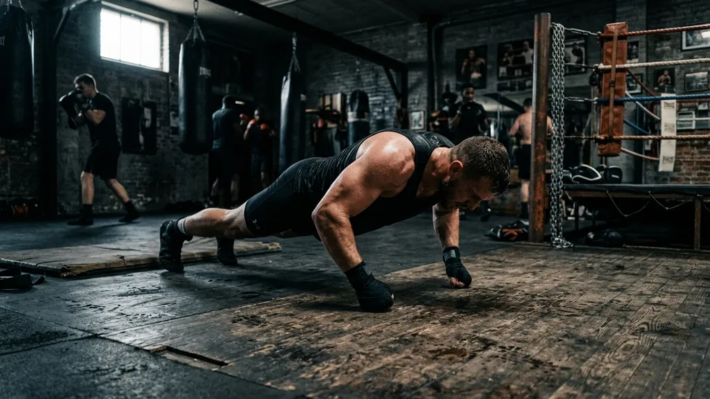 Boxer conditioning on heavy bags in a dark gym, powerful athletic training