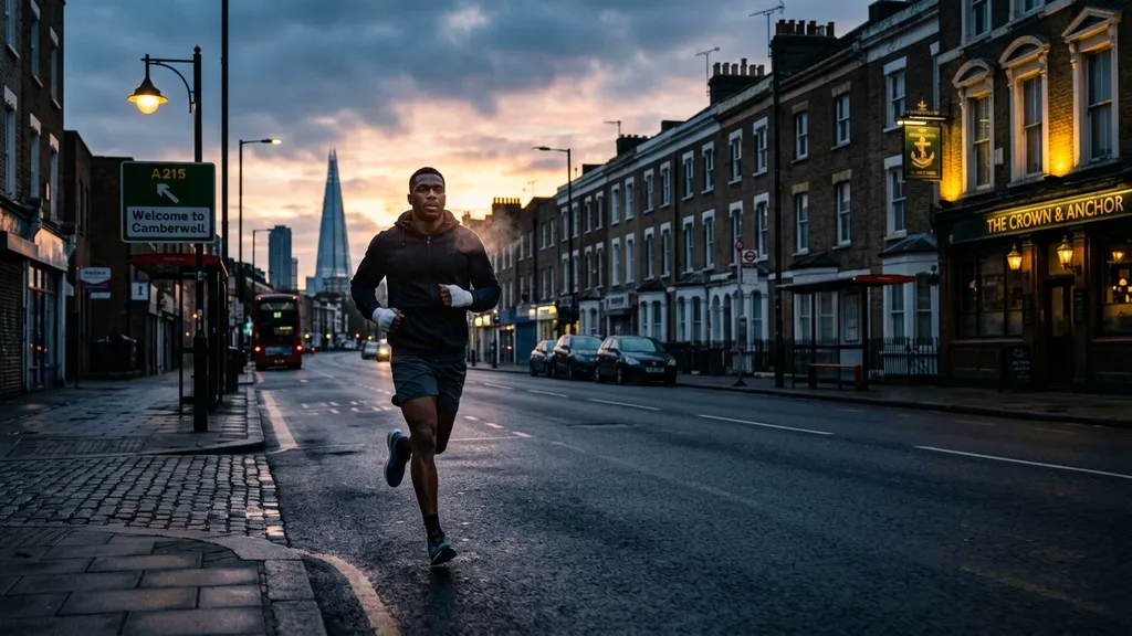 Boxer running roadwork training at dawn, cardiovascular conditioning