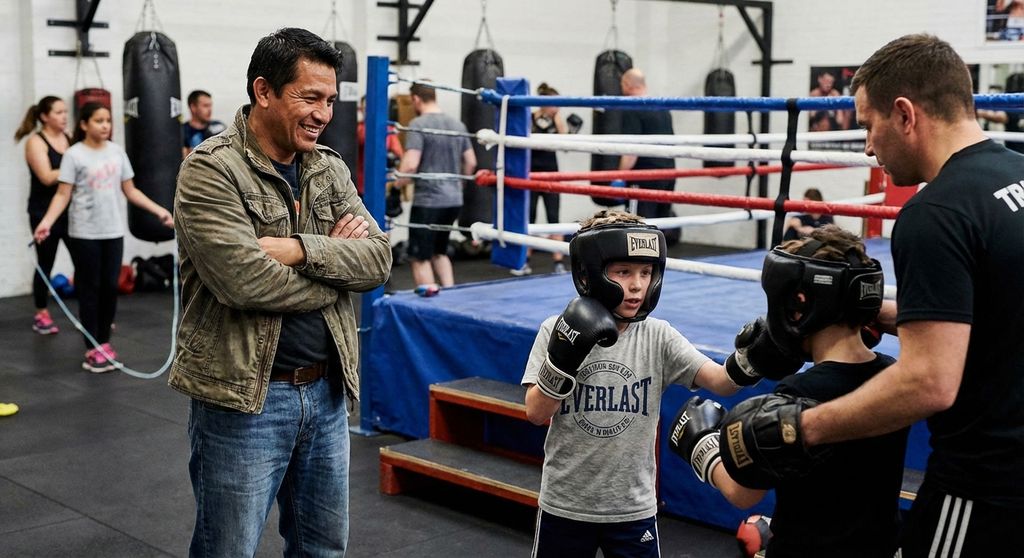 Parent watching proudly as their child spars in a boxing class. Family gym momen