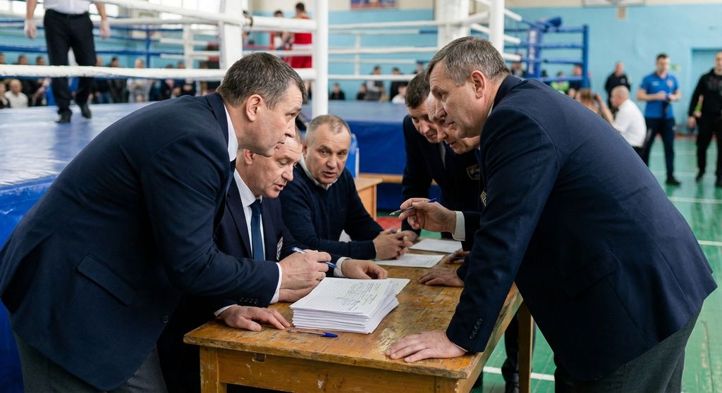 Boxing selectors reviewing scorecards at an amateur tournament