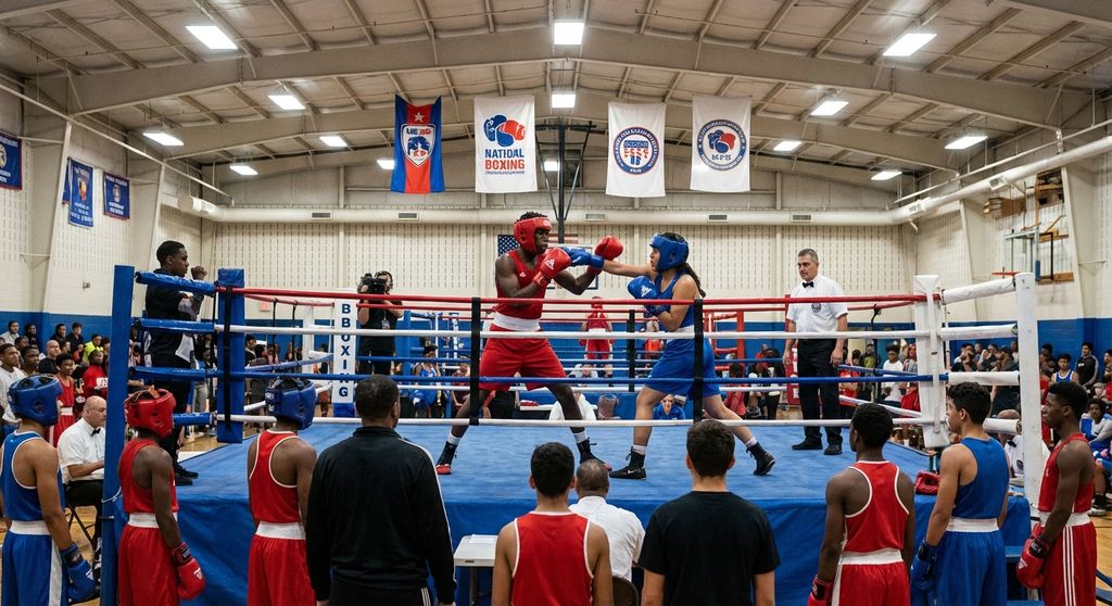 Young amateur boxers from diverse backgrounds at a national championship