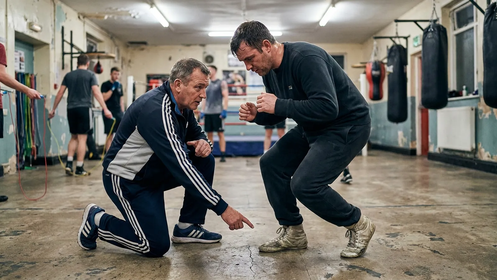 Coach teaching controlled boxing footwork and careful push-off mechanics