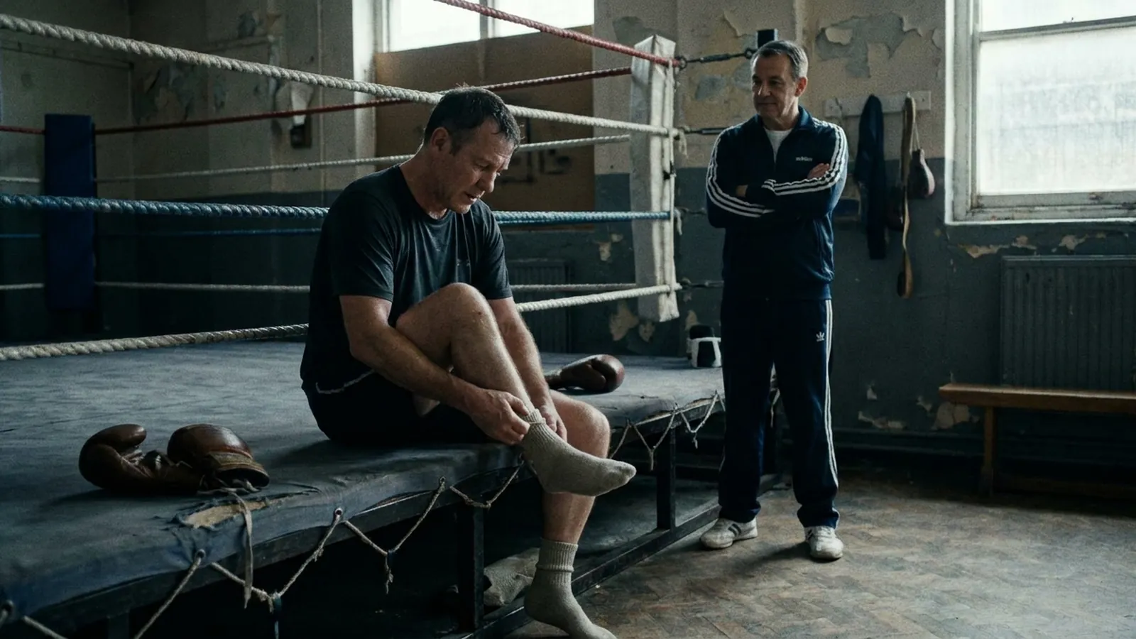 Boxer doing gentle seated ankle movement beside a ring after calf discomfort