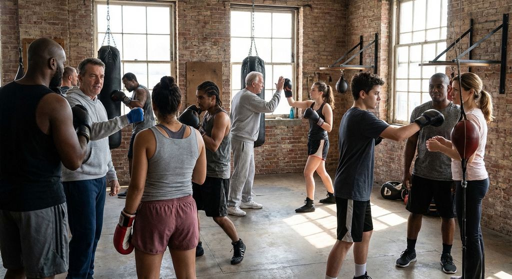Boxing gym members of all ages and backgrounds training together, real community
