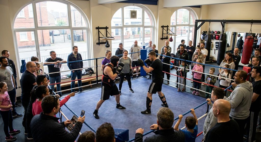 Open day at a boxing club - visitors watching a demo class, curious new faces