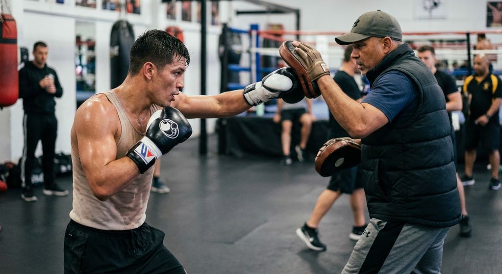 Boxer throwing a sharp combination - jab, cross, hook - on pads with a coach
