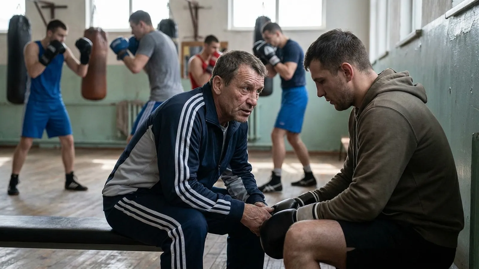 Coach speaking calmly to a boxer sitting out after a head-contact concern