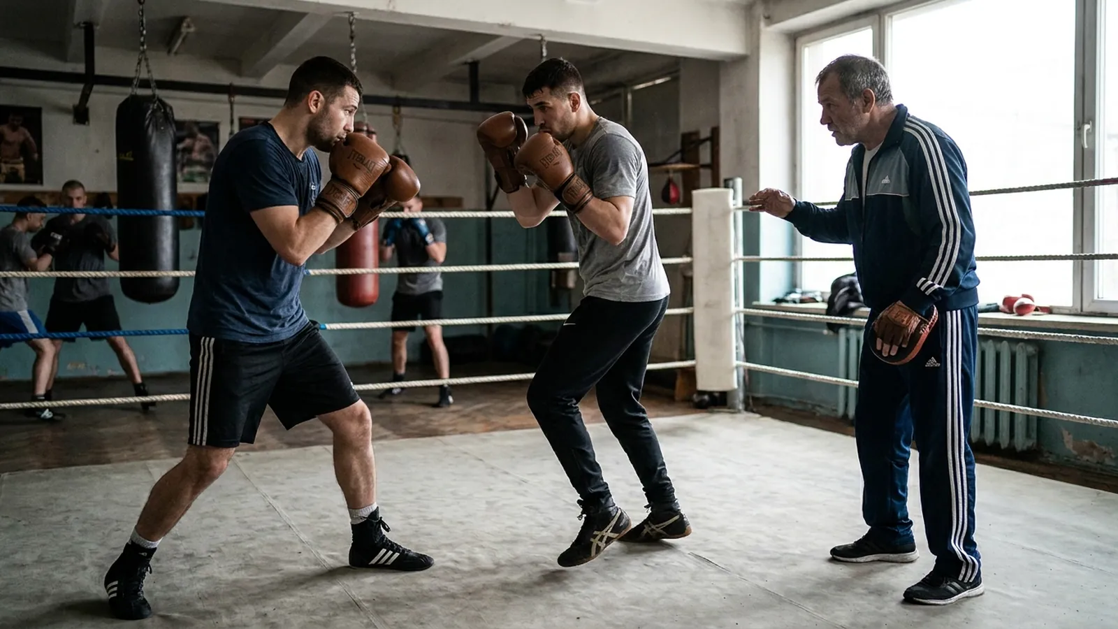 Two adult boxers doing controlled non-contact defensive drills under coach supervision