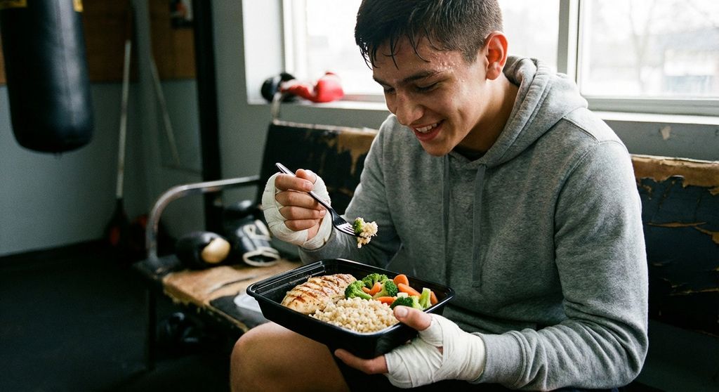 Teenage boxer eating a healthy post-training meal - chicken, rice, vegetables