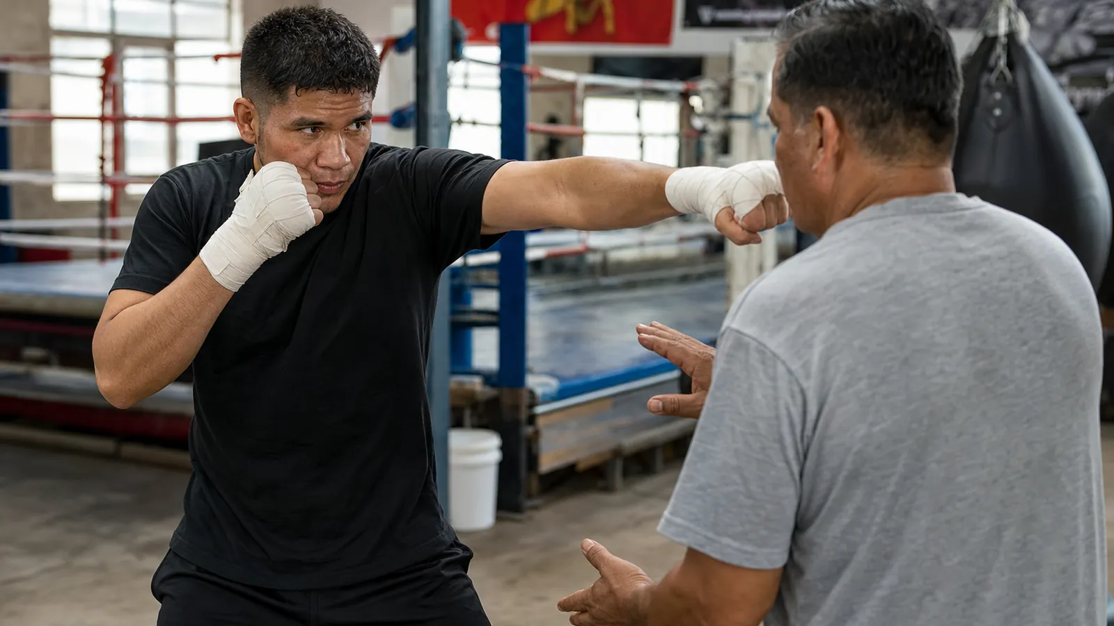 Coach watching an adult boxer practise a straight punch without locking the elbow