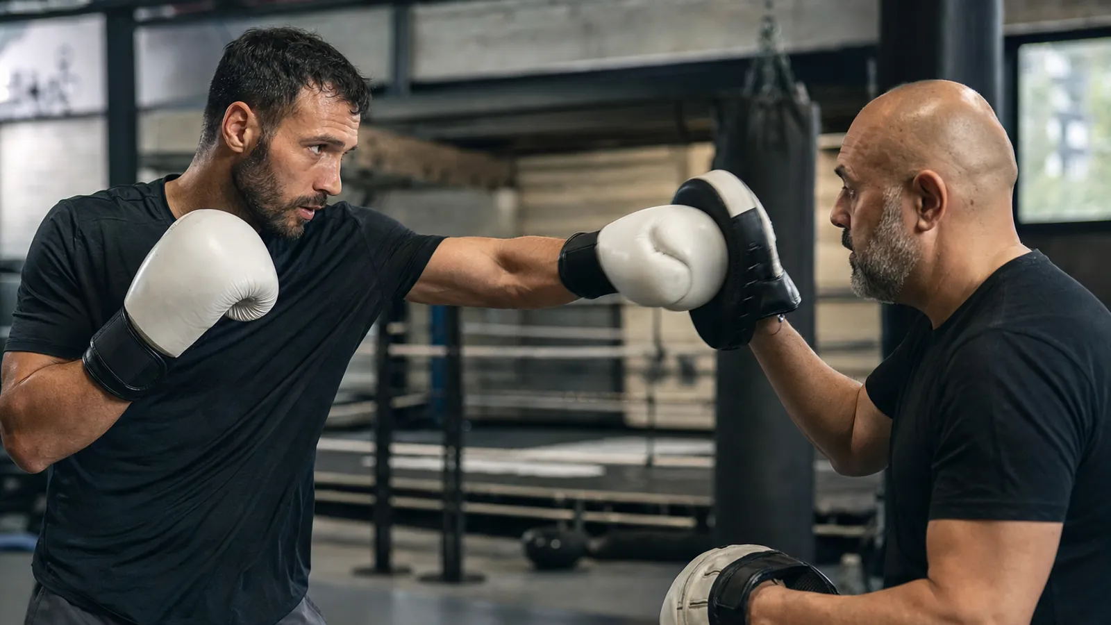 Boxer doing light pad work with a coach during a controlled return-to-training session