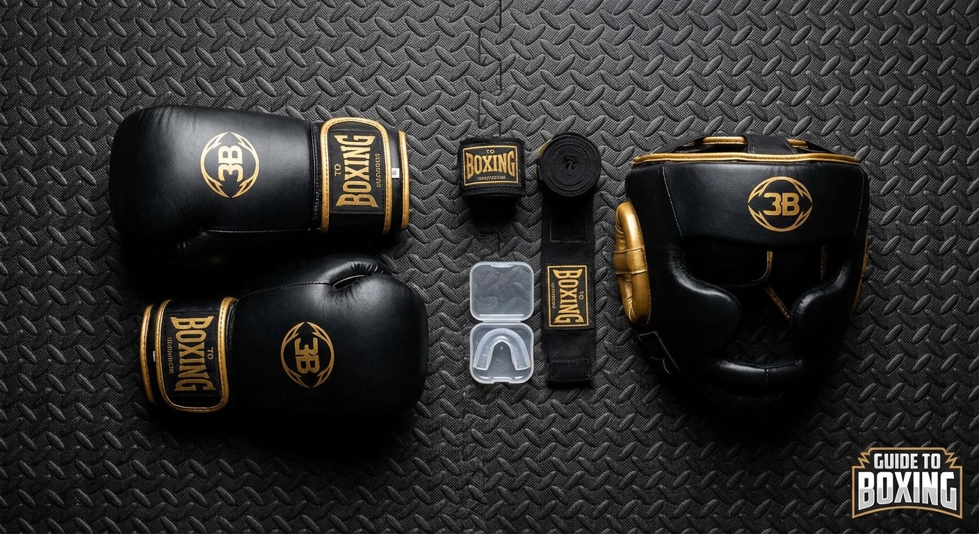 Boxing gloves and hand wraps laid out on a gym floor