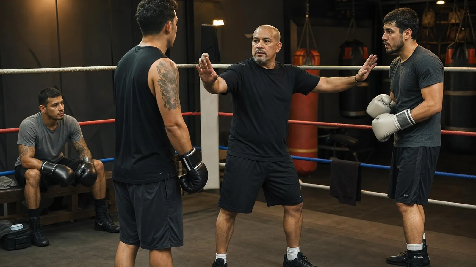 Coach pausing a contact drill while a boxer sits out safely after facial contact