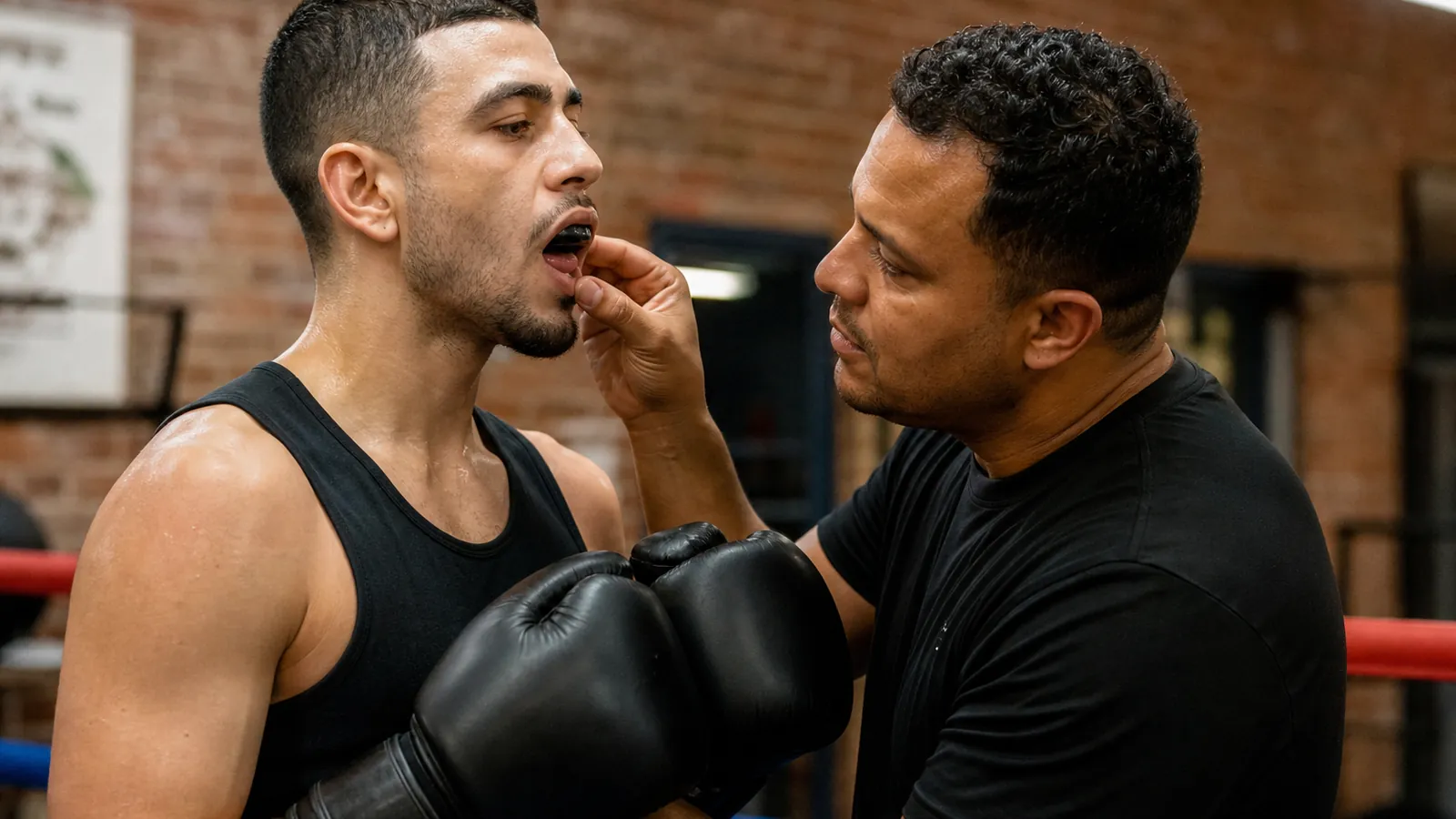 Boxing coach checking a mouthguard and gloves before controlled sparring