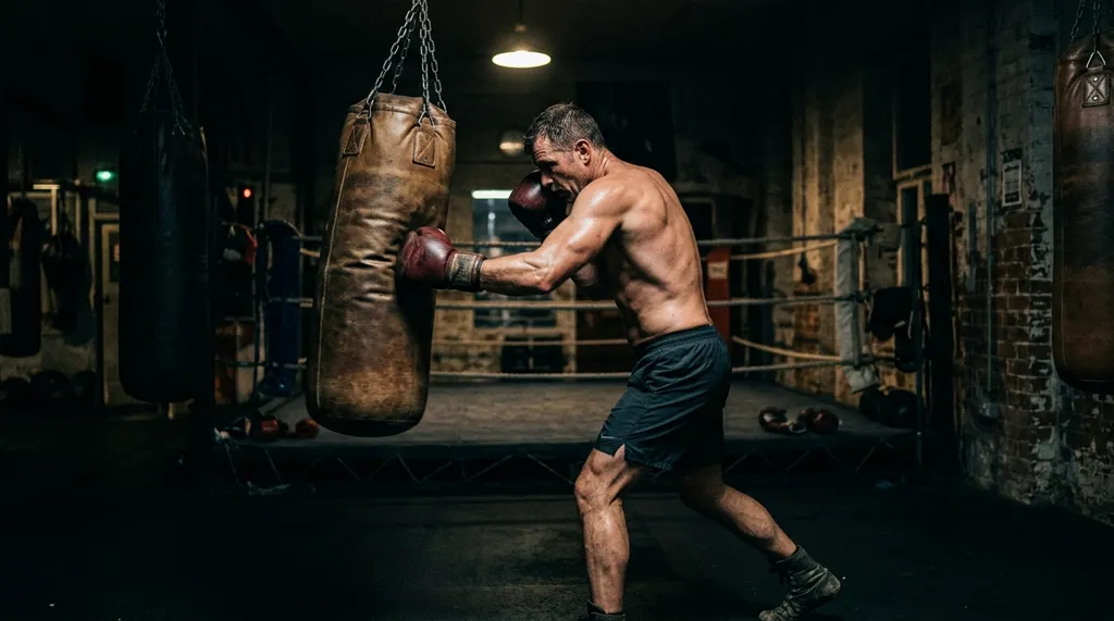Man training on heavy bag at a boxing gym, focused and working hard