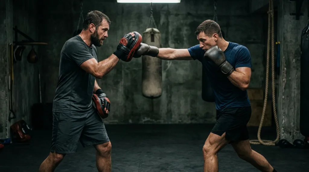 Boxing coach holding pads for a student during a training session at Honour and Glory