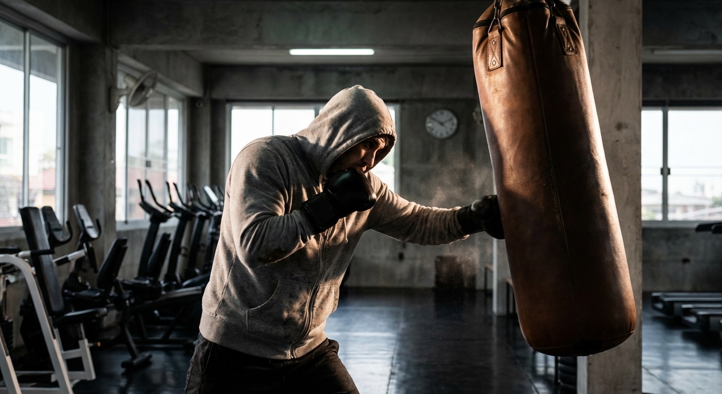 Person hitting a heavy bag intensely in the gym