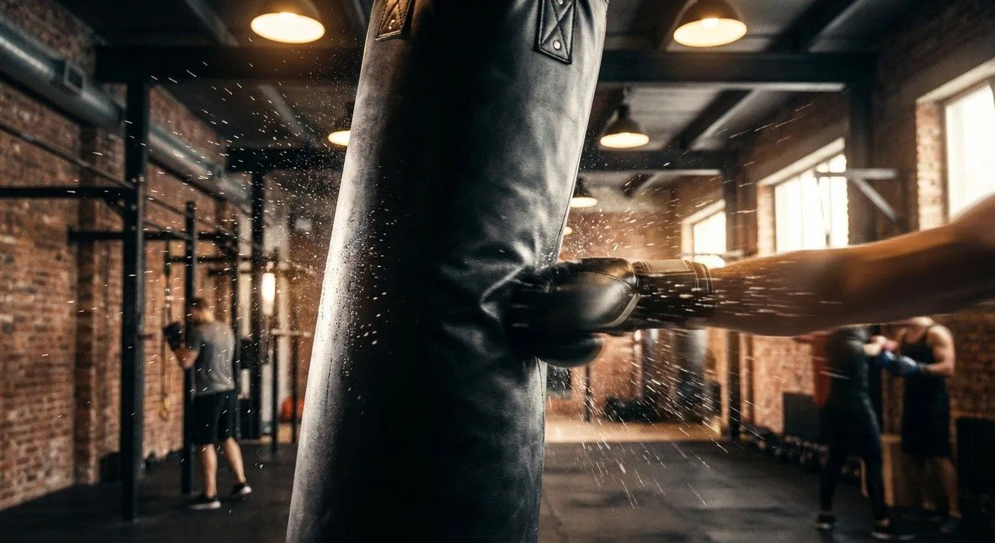 A boxer performing a controlled squat in a boxing gym with full-body strength-training form