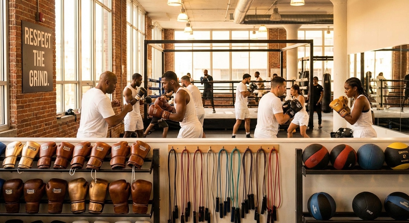 Boxing gym interior with heavy bags and training equipment