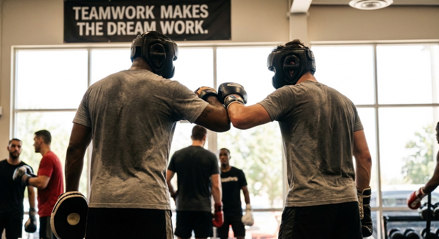 Coach instructing a group of boxers in the gym