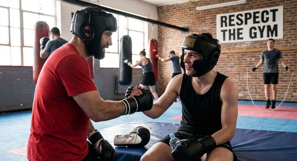 Respectful boxer helping a training partner after a drill - gym culture and etiq