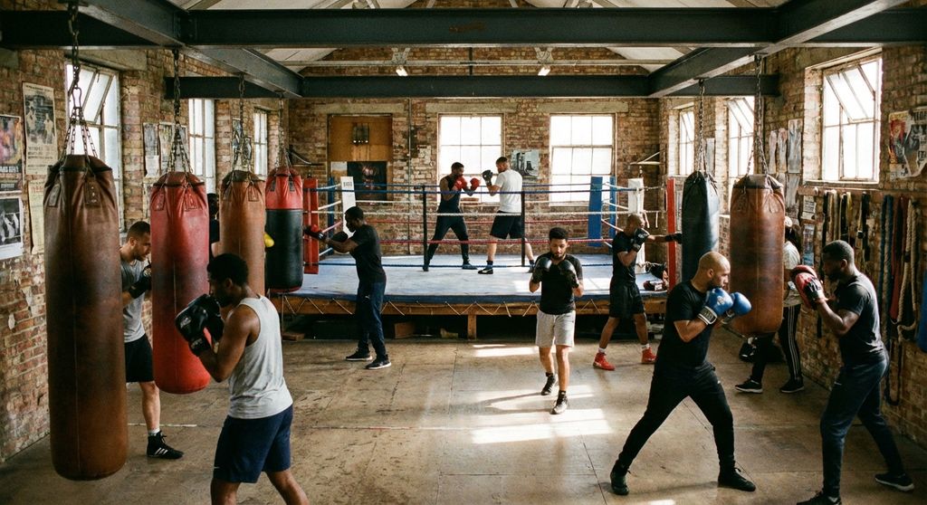 Inside a community boxing gym in south-east London, heavy bags, ring visible