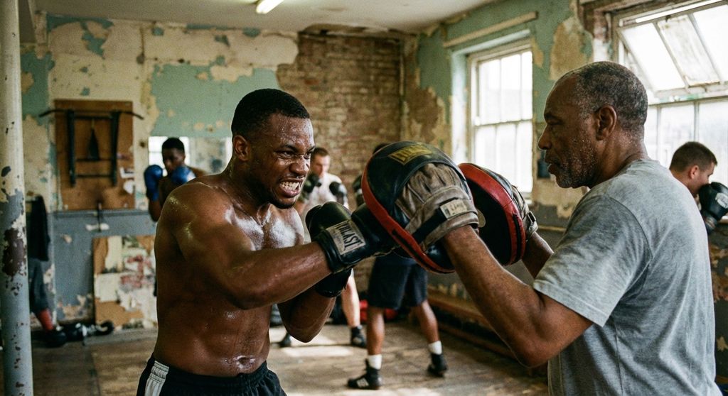 Local boxer hitting the pads with coach in a south London community gym
