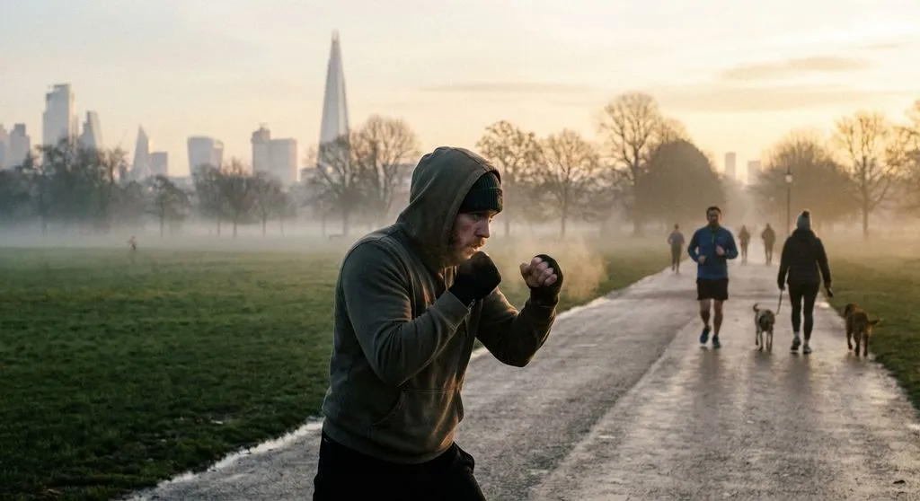 Boxer doing roadwork and shadow boxing in a London park at dawn