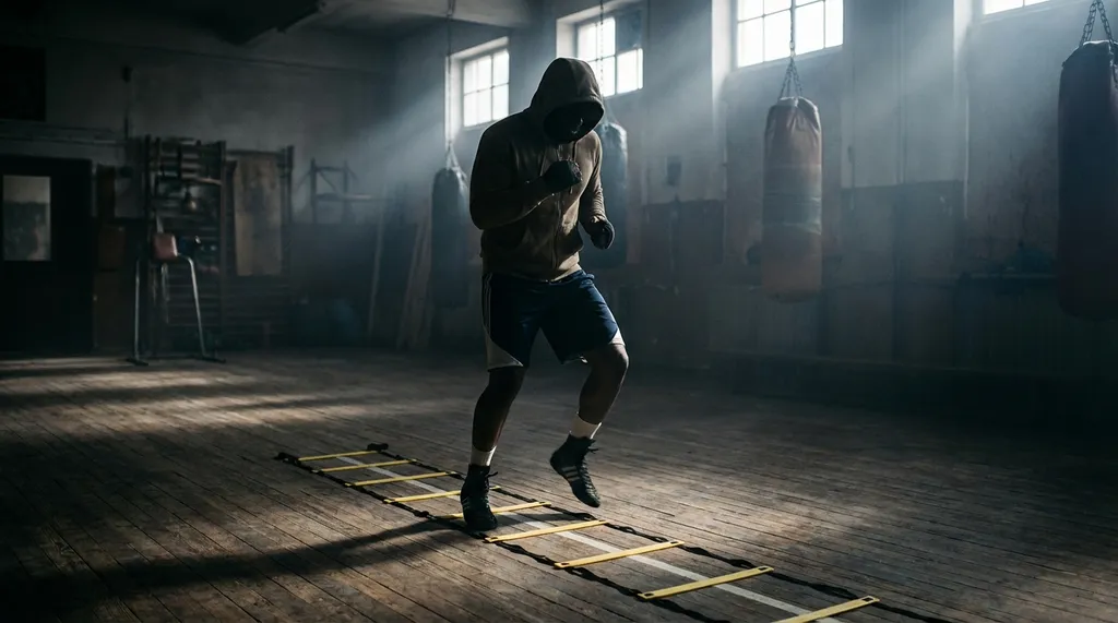 Boxer doing footwork drills on open grass during an outdoor South East London session