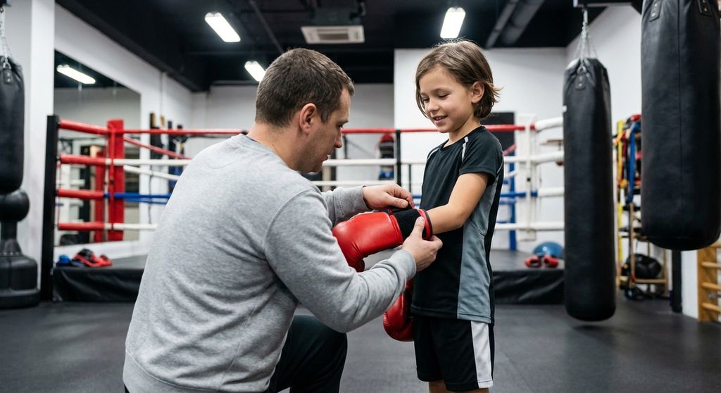 Young child putting on boxing gloves with parent's help before training