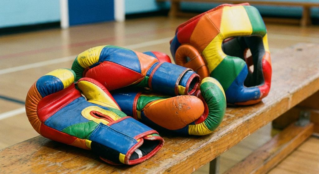 Close-up of junior boxing gloves and protective headguard for children