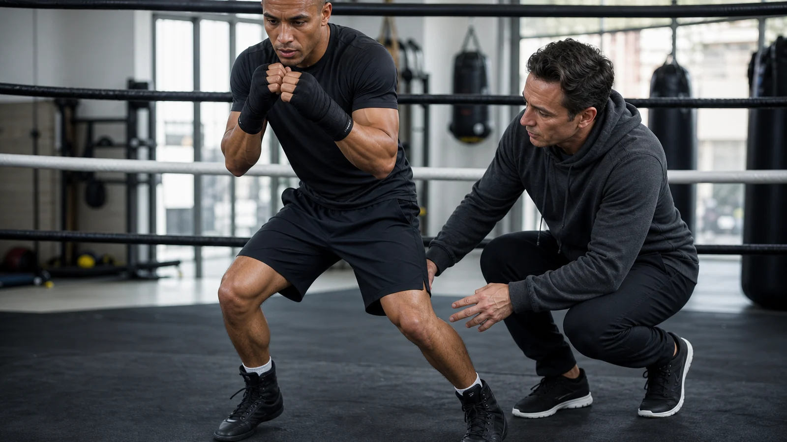 Boxer practising slow controlled footwork while a coach watches knee alignment